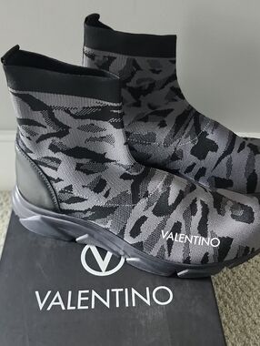 Valentino Black & Gray Knit Leopard Sock Sneakers